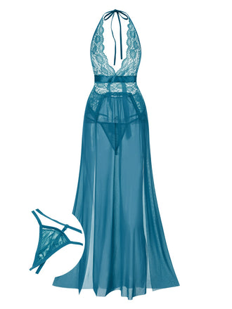 She slips into this 1970s Halter Sheer Lace Slit Long Nightgown and suddenly it's a 1970s daydream