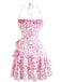 1970s Halter Tiered Ruffle Floral Dress - vintage dress, retro fashion, elegant red