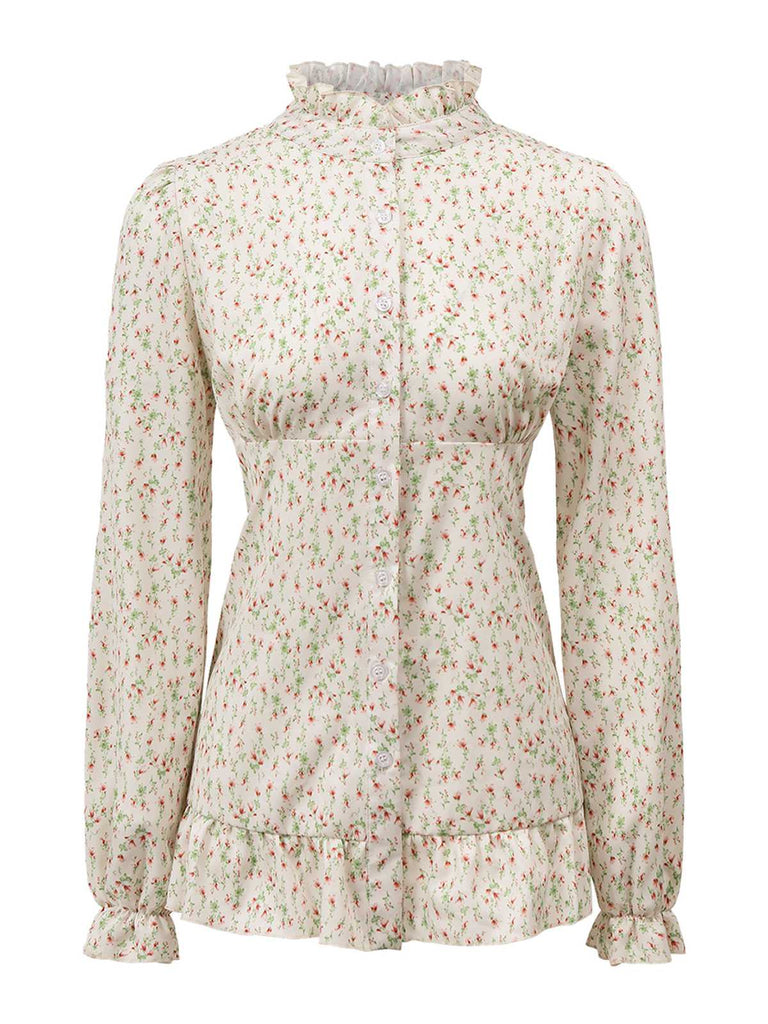 She pairs this 1970s High Neck Ditsy Floral Ruffles Blouse with confidence and 1970s charm