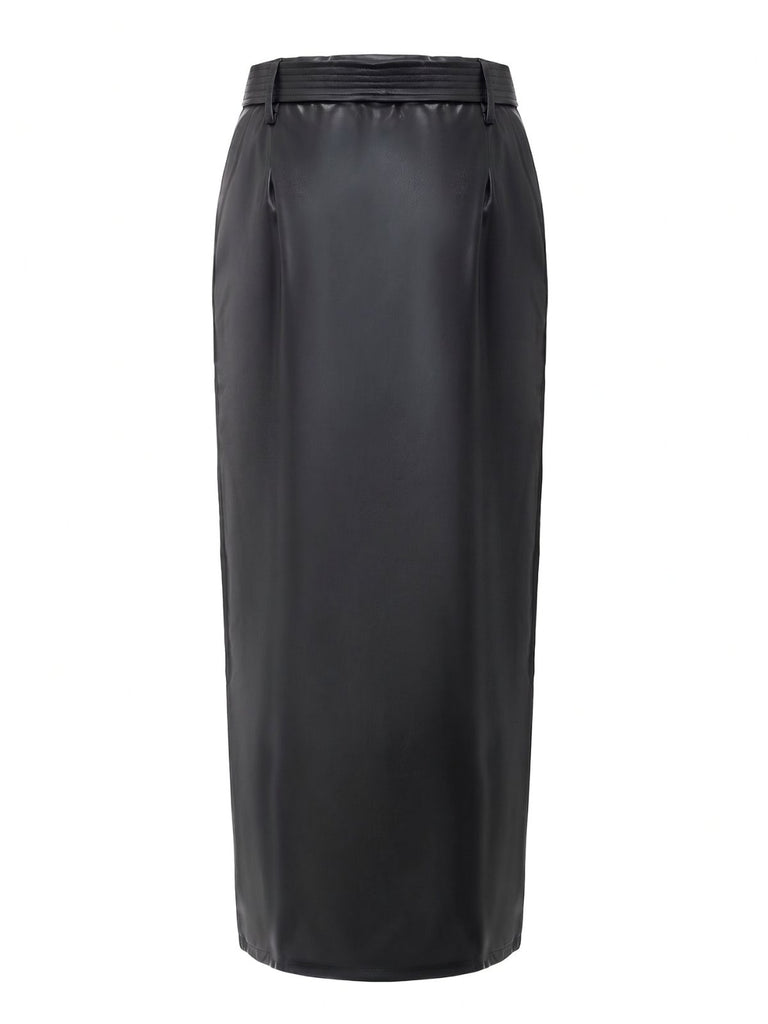 Belted PU Leather Vintage Maxi Skirt 2