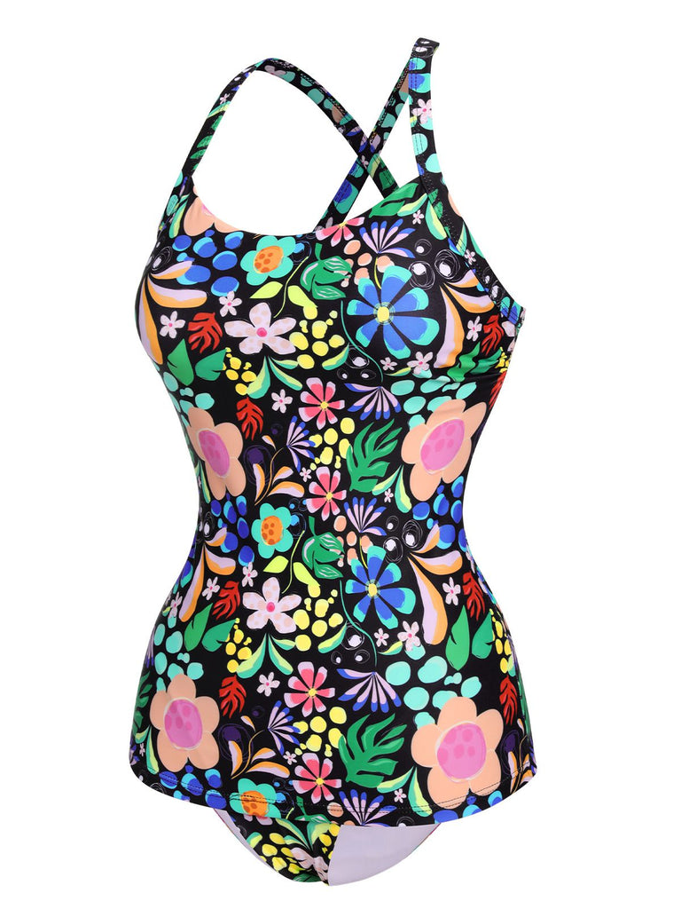 1970s Hippie Floral Strap One-Piece Swimsuit, vintage swimsuit, pin-up swimwear - perfect for women who love vintage and retro fashion