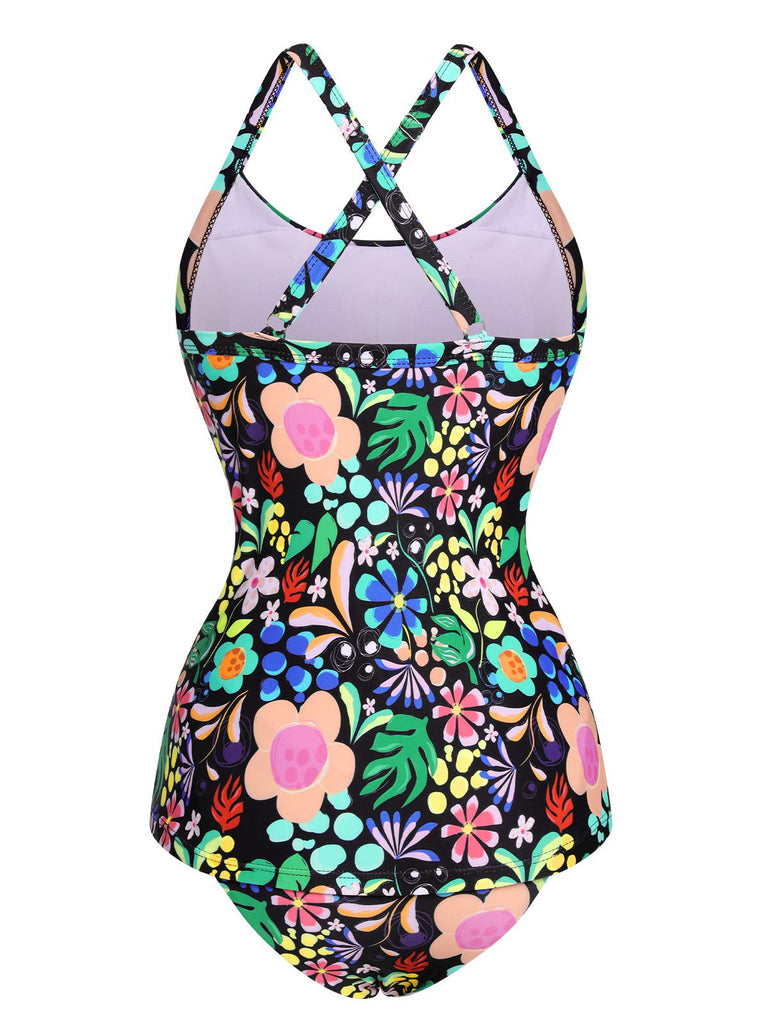 1970s Hippie Floral Strap One-Piece Swimsuit, vintage swimsuit, pin-up swimwear - perfect for women who love vintage and retro fashion