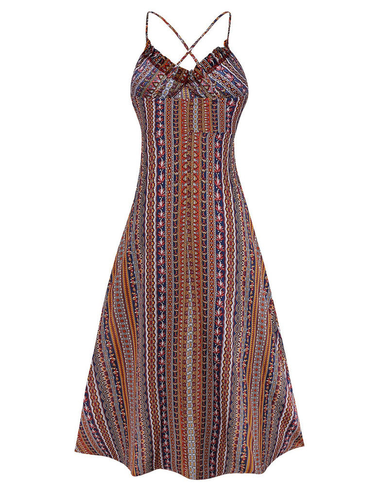 1970s Irregular Print Backless Boho Dress - vintage dress, retro fashion