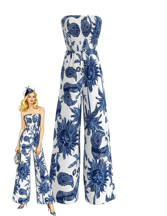 Blue 1970s Celestial Sun Print Smocked Strapless Jumpsuit - vintage jumpsuit, retro fashion