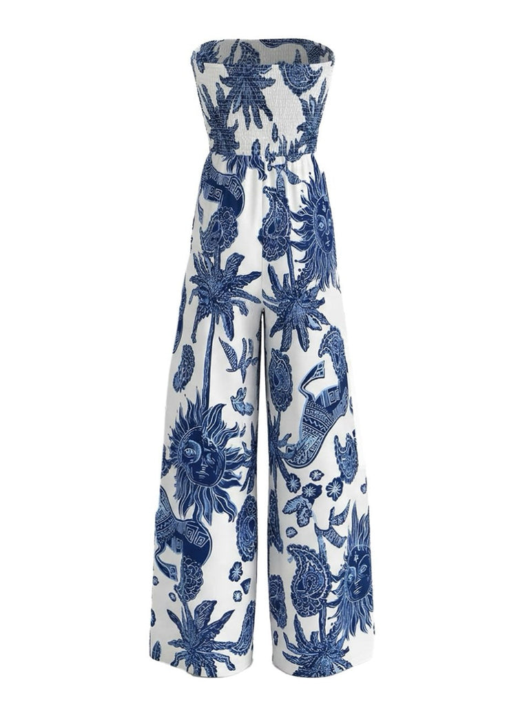 Blue 1970s Celestial Sun Print Smocked Strapless Jumpsuit - vintage jumpsuit, retro fashion