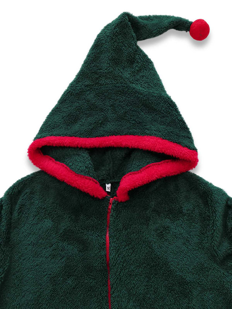 Green 1970s Christmas Sherpa Hooded Jumpsuit Pajama - vintage jumpsuit, retro fashion