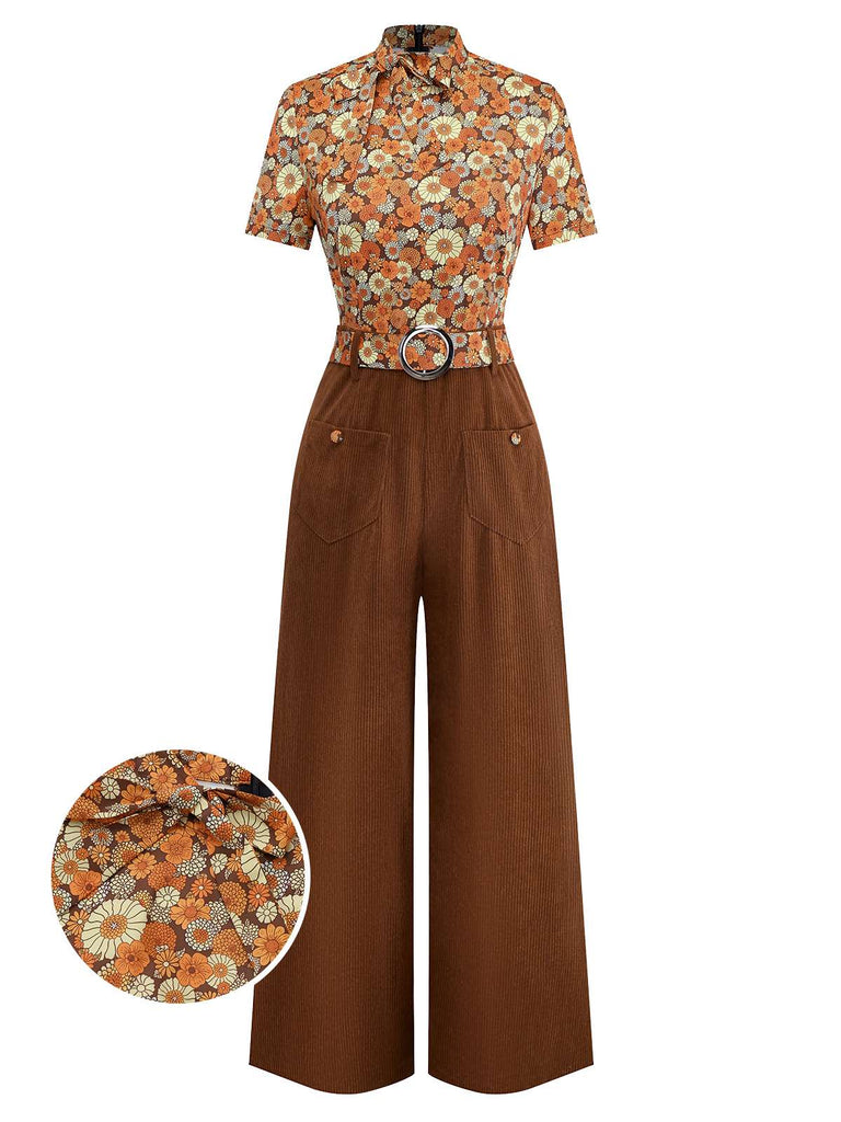 Orange 1970s Daisy Corduroy Patchwork Tie Neck Jumpsuit - vintage jumpsuit, retro fashion