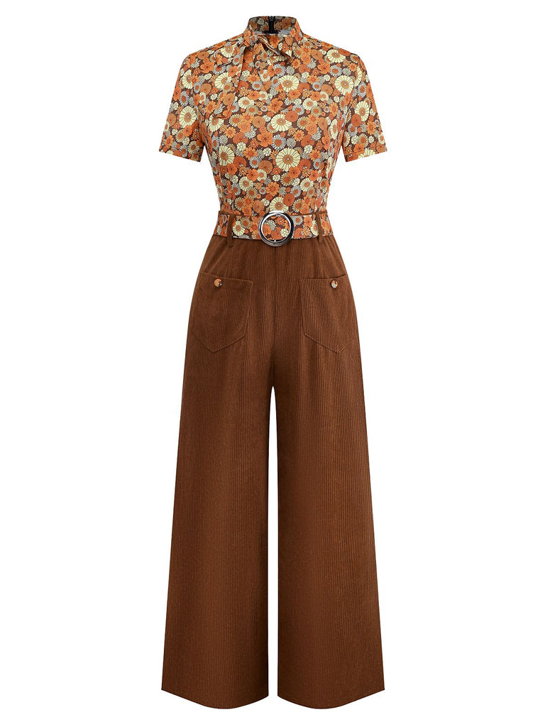 Orange 1970s Daisy Corduroy Patchwork Tie Neck Jumpsuit - vintage jumpsuit, retro fashion