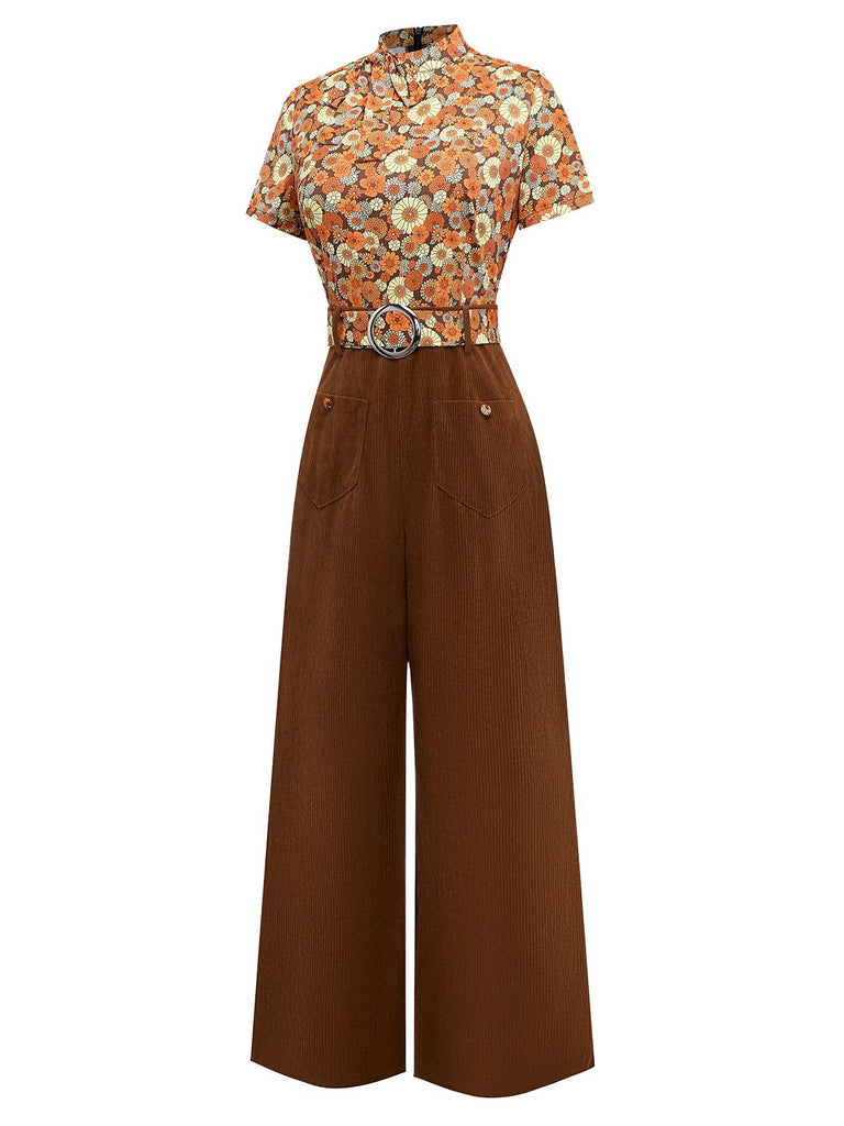 Orange 1970s Daisy Corduroy Patchwork Tie Neck Jumpsuit - vintage jumpsuit, retro fashion