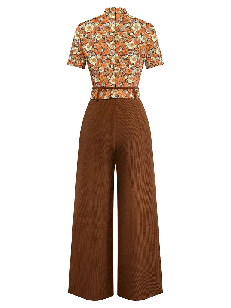 Orange 1970s Daisy Corduroy Patchwork Tie Neck Jumpsuit - vintage jumpsuit, retro fashion