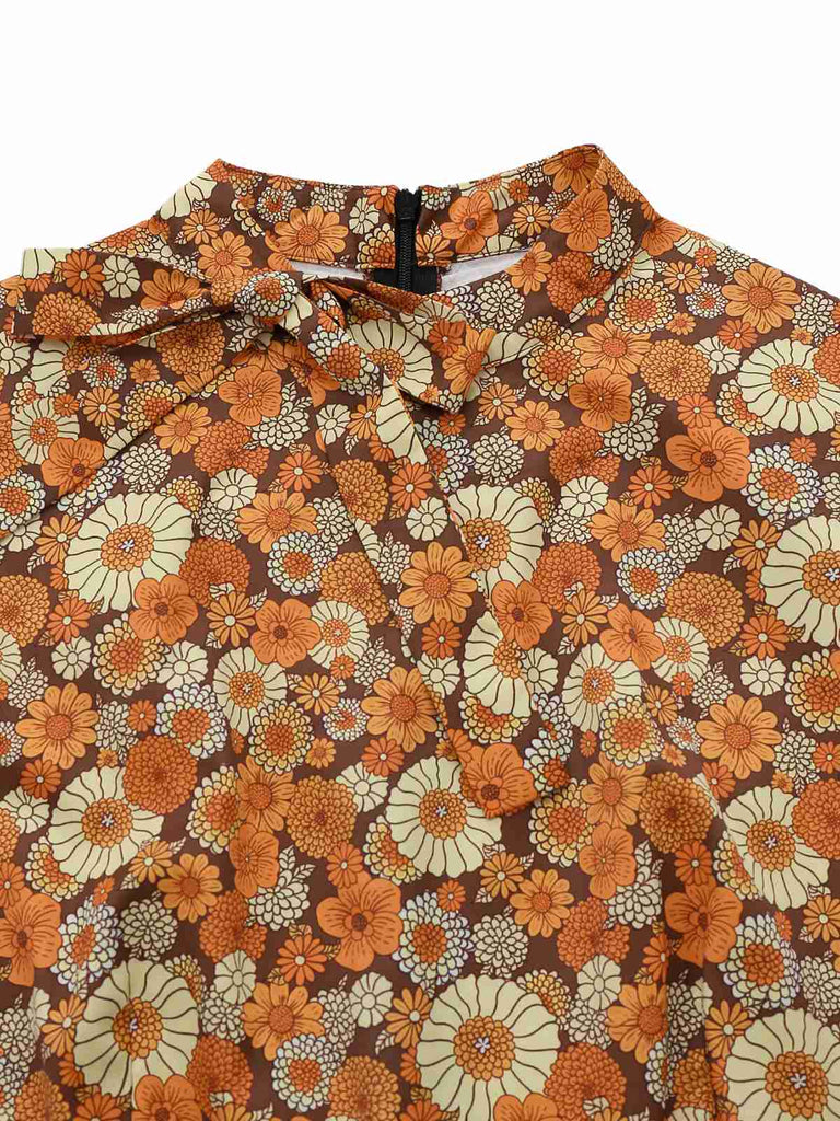 Orange 1970s Daisy Corduroy Patchwork Tie Neck Jumpsuit - vintage jumpsuit, retro fashion