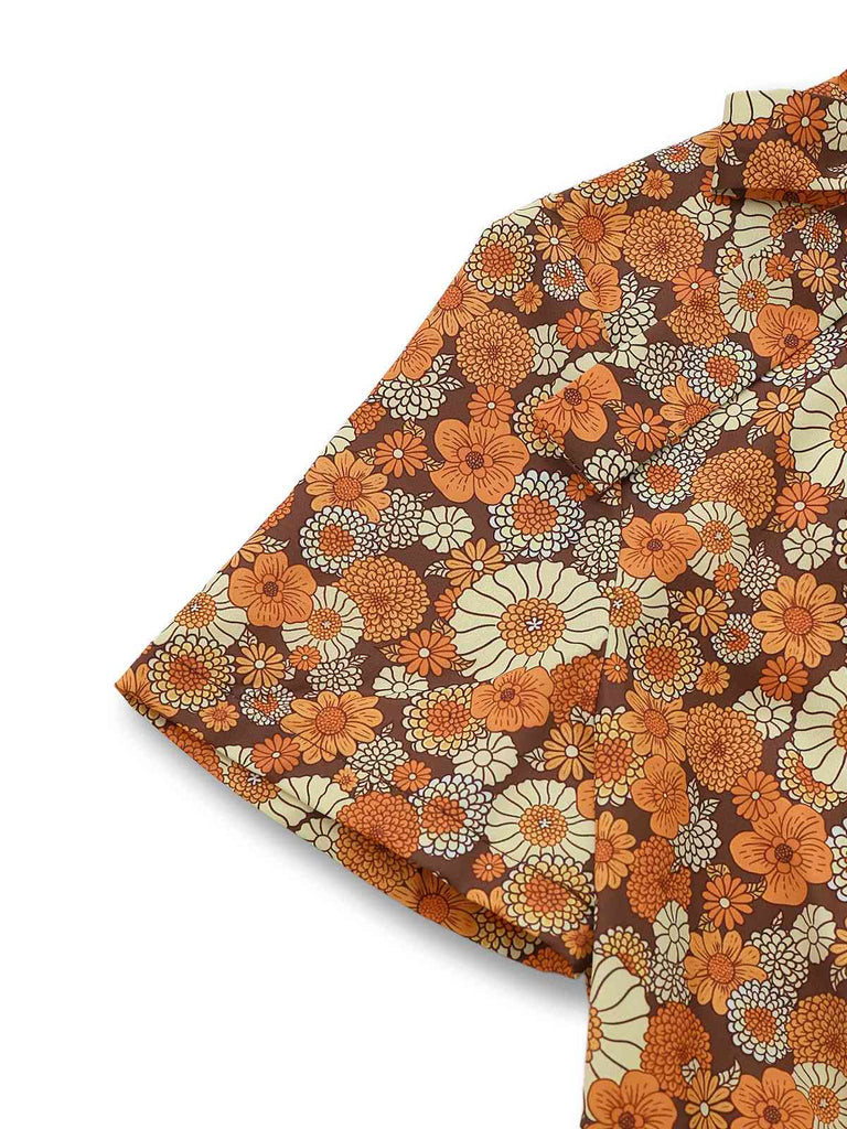 Orange 1970s Daisy Corduroy Patchwork Tie Neck Jumpsuit - vintage jumpsuit, retro fashion