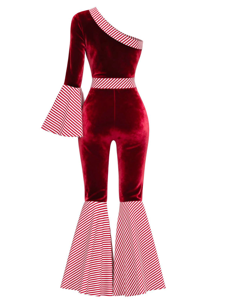 Red 1970s Velvet Candy Cane Stripe Bell Sleeve Jumpsuit - vintage jumpsuit, retro fashion, elegant red