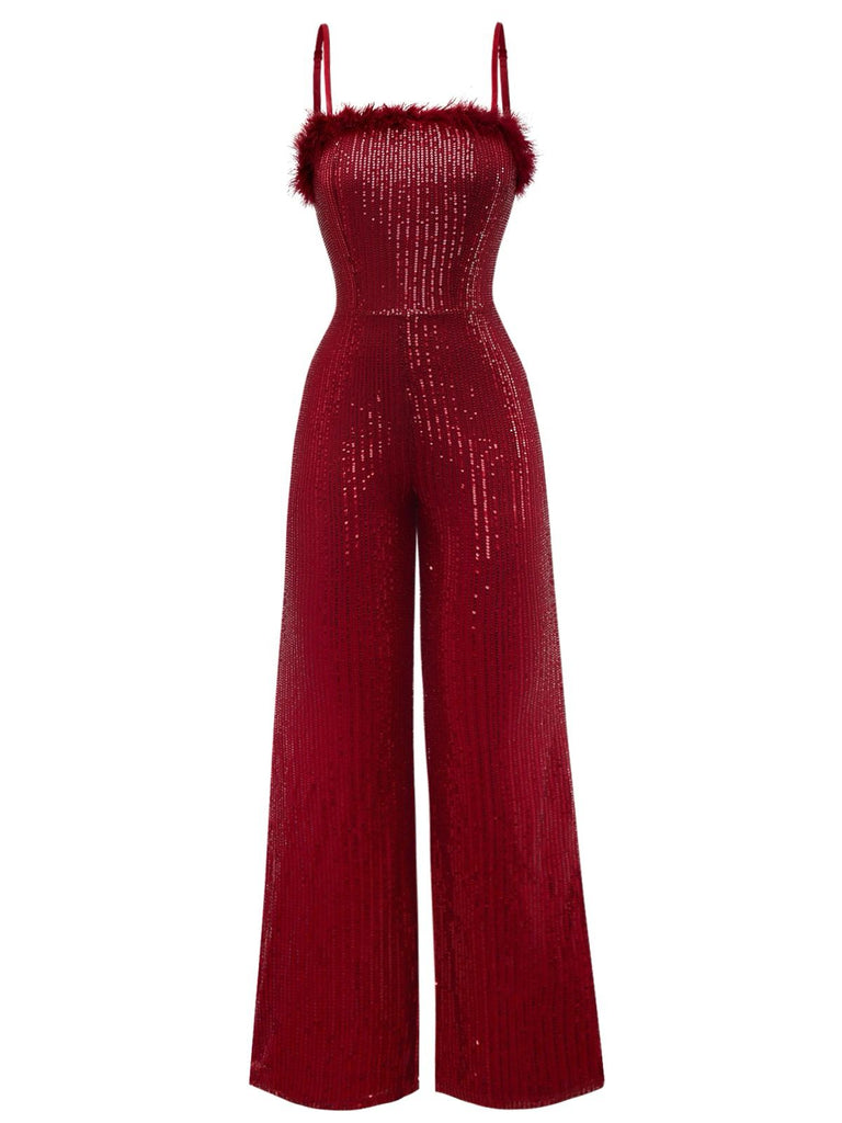 1970s Sequined Fur Trim Patchwork Spaghetti Strap Jumpsuit - vintage jumpsuit, retro fashion