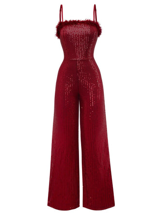 1970s Sequined Fur Trim Patchwork Spaghetti Strap Jumpsuit - vintage jumpsuit, retro fashion