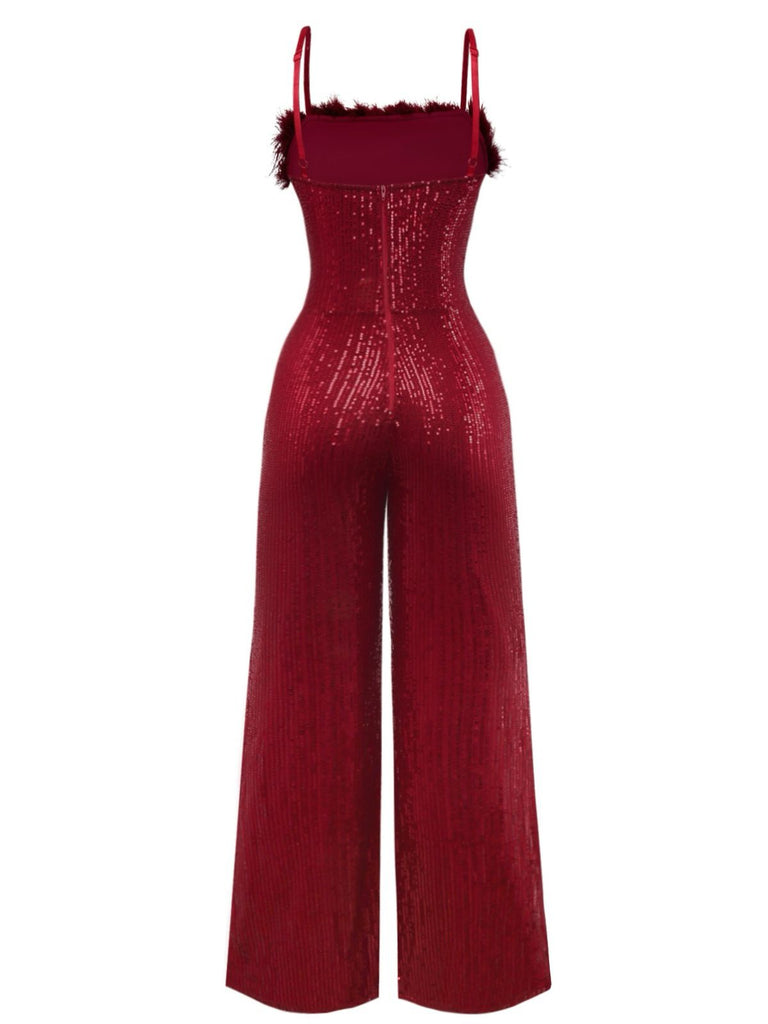 1970s Sequined Fur Trim Patchwork Spaghetti Strap Jumpsuit - vintage jumpsuit, retro fashion