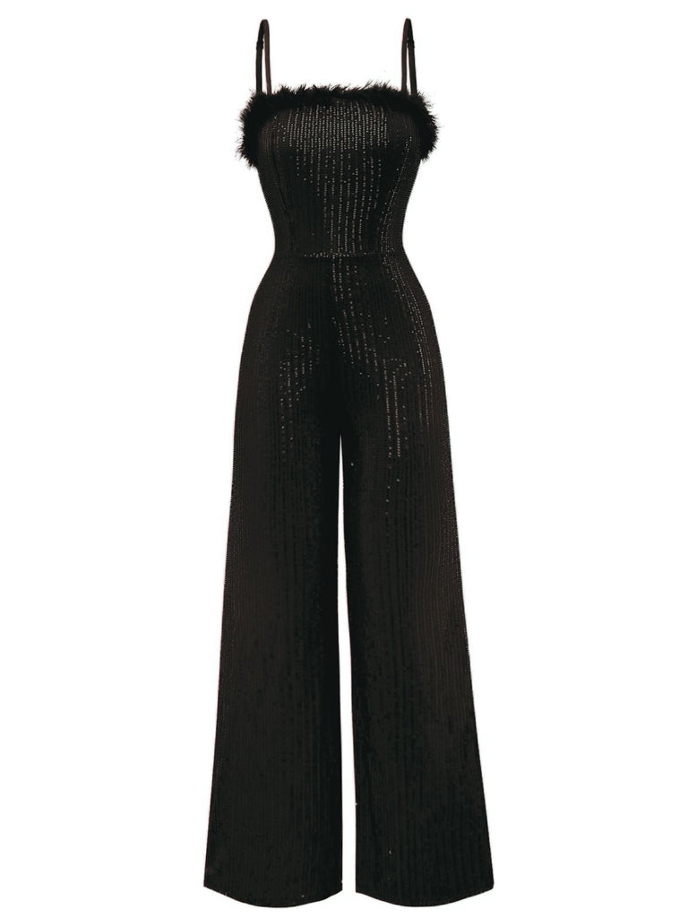 1970s Sequined Fur Trim Patchwork Spaghetti Strap Jumpsuit - vintage jumpsuit, retro fashion