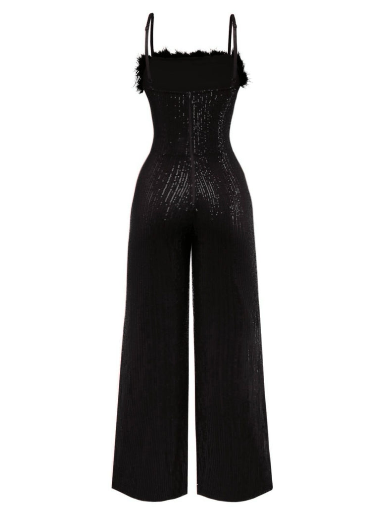 1970s Sequined Fur Trim Patchwork Spaghetti Strap Jumpsuit - vintage jumpsuit, retro fashion