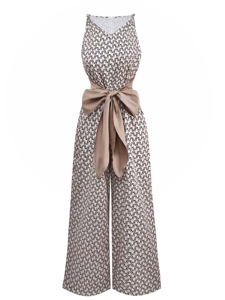 1970s Sleeveless Geometric Print Waist Bow Jumpsuit - vintage jumpsuit, retro fashion
