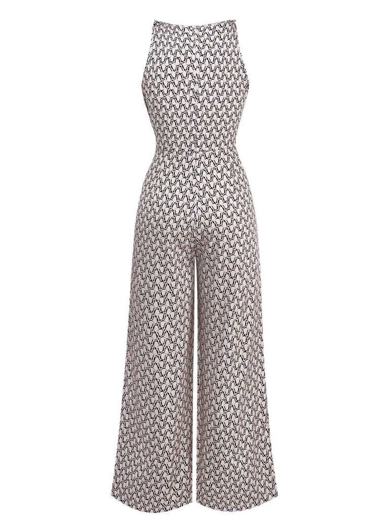 1970s Sleeveless Geometric Print Waist Bow Jumpsuit - vintage jumpsuit, retro fashion