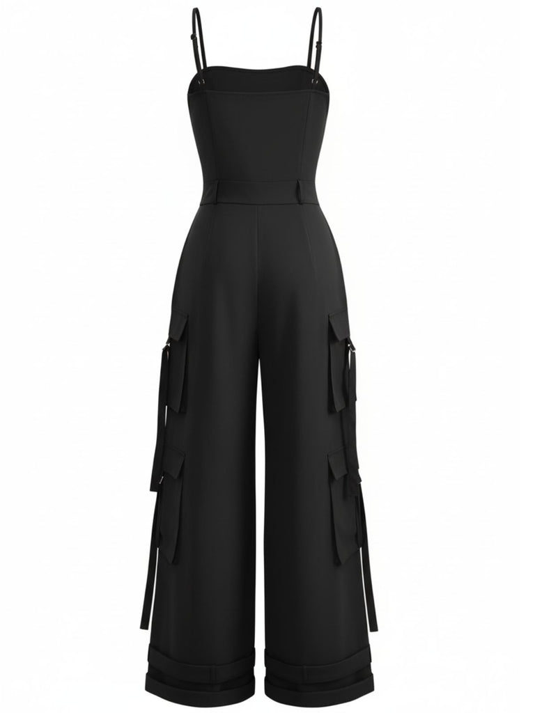 1970s Solid Spaghetti Strap Cargo Style Wide-Leg Jumpsuit - vintage jumpsuit, retro fashion