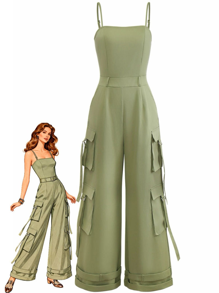 1970s Solid Spaghetti Strap Cargo Style Wide-Leg Jumpsuit - vintage jumpsuit, retro fashion