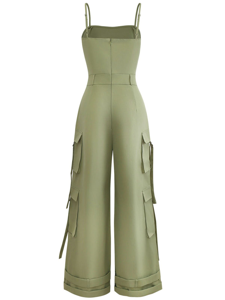 1970s Solid Spaghetti Strap Cargo Style Wide-Leg Jumpsuit - vintage jumpsuit, retro fashion