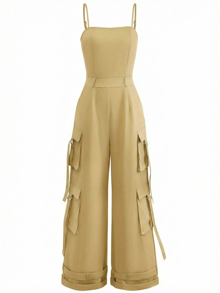 1970s Solid Spaghetti Strap Cargo Style Wide-Leg Jumpsuit - vintage jumpsuit, retro fashion