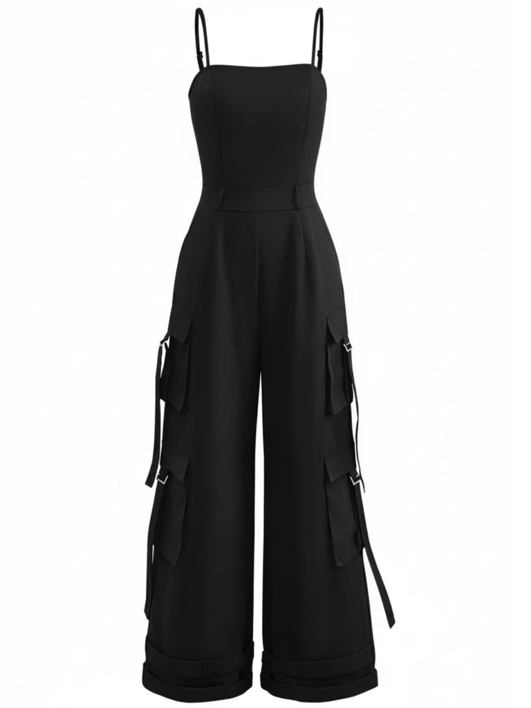 1970s Solid Spaghetti Strap Cargo Style Wide-Leg Jumpsuit - vintage jumpsuit, retro fashion