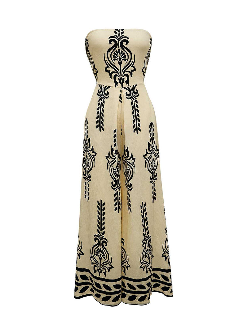 1970s Strapless Boho Tribal Printed Wide-Leg Jumpsuit - vintage jumpsuit, retro fashion