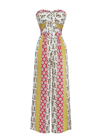 1970s Strapless Floral Geometric Print Boho Jumpsuit - vintage jumpsuit, retro fashion