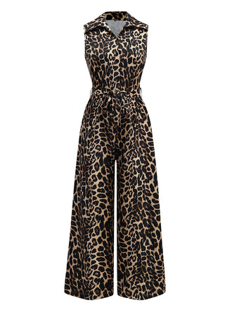 1970s Lapel Leopard Sleeveless Belted Jumpsuit - vintage jumpsuit, retro fashion