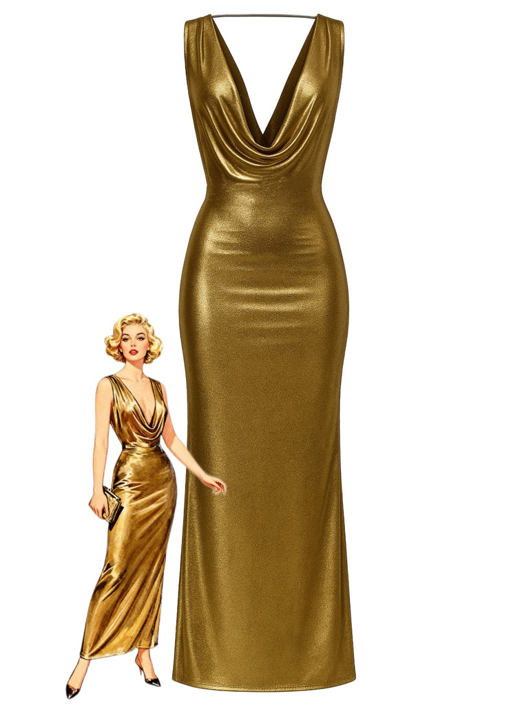 1970s Metallic Cowl Deep V-Neck Bodycon Dress - vintage dress, retro fashion