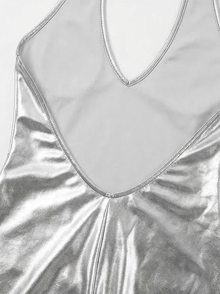 1970s Metallic Halter V-Neck Backless Romper: beautiful vintage romper, retro jumpsuit, playful style with timeless appeal