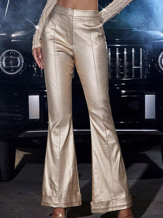 1970s Metallic High-Waist Flared Pants - vintage fashion, retro style, elegant red