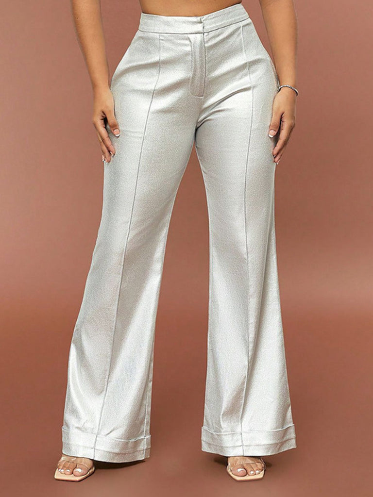 1970s Metallic High-Waist Flared Pants - vintage fashion, retro style, elegant red