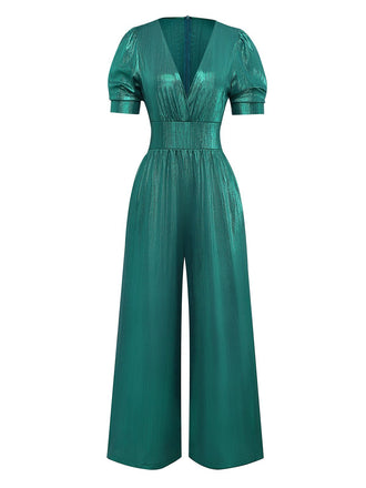 1970s Metallic V-Neck Wide-Leg Jumpsuit - vintage jumpsuit, retro fashion