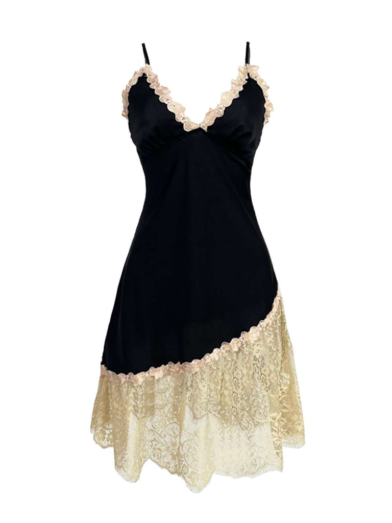 Black 1970s Lace Trim Spaghetti Strap Slip Nightgown - vintage nightgown, retro sleepwear, classic black