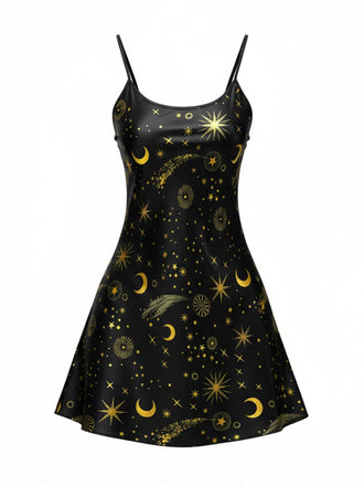 Black 1970s Spaghetti Strap Celestial Print Nightgown - vintage nightgown, retro sleepwear, classic black