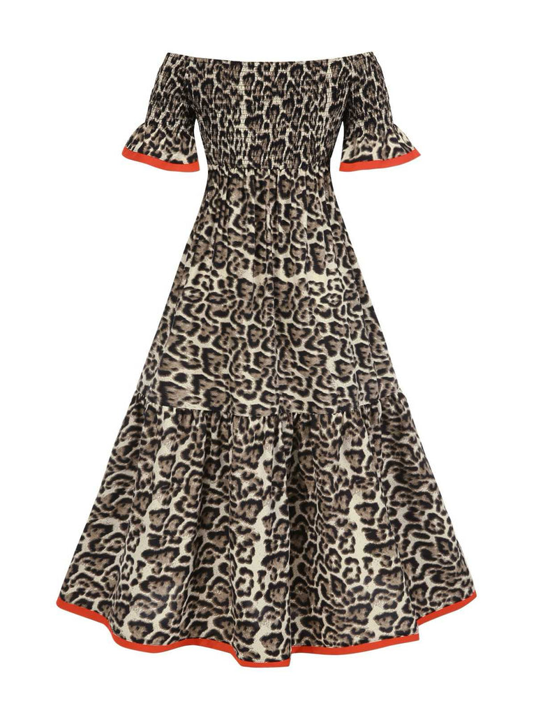 1970s Off-Shoulder Flare Sleeve Leopard Dress: where 1970s romance meets her modern spirit