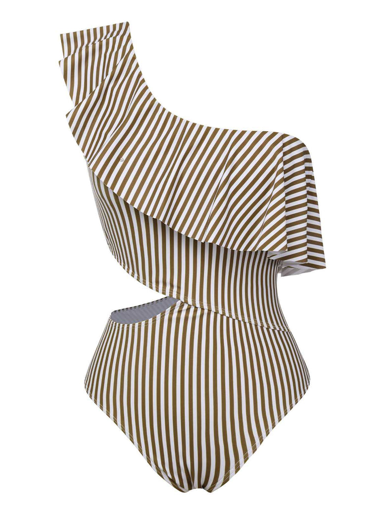 She's wearing 1970s One-Shoulder Stripes Ruffles One-Piece Swimsuit and the whole beach remembers the 1970s