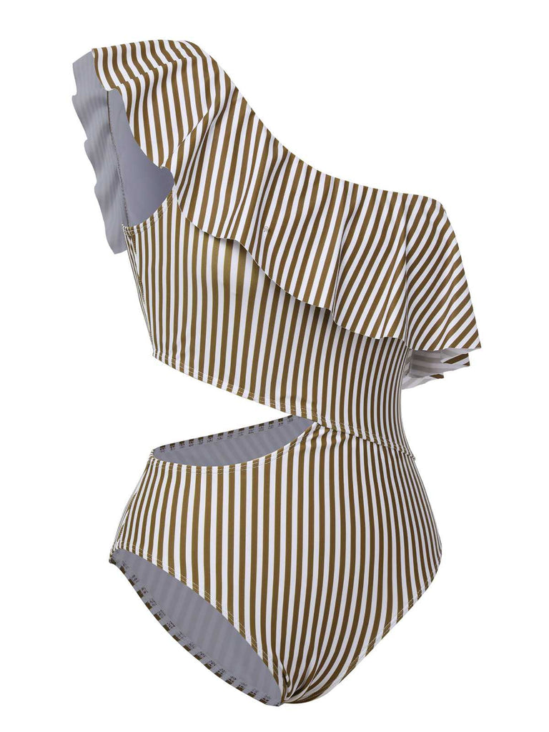 1970s One-Shoulder Stripes Ruffles One-Piece Swimsuit: 1970s Riviera elegance, reimagined for her
