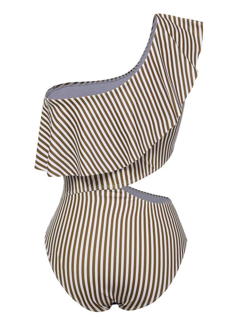 This 1970s One-Shoulder Stripes Ruffles One-Piece Swimsuit carries 1970s vacation dreams in every stitch