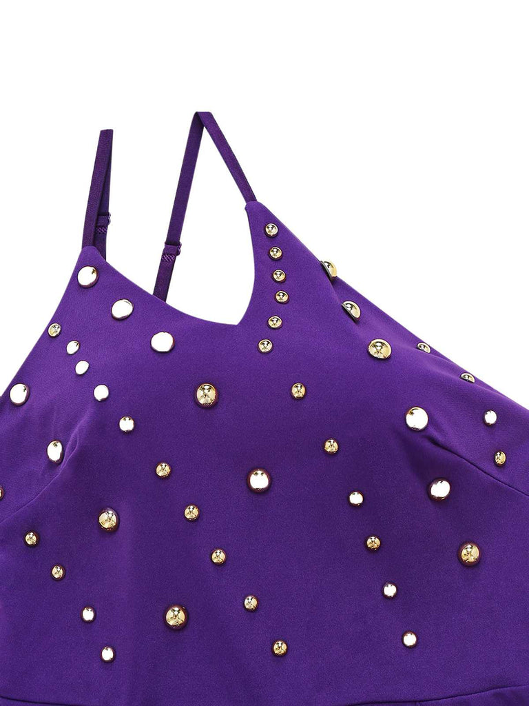 1970s One-Shoulder Studded Belted Jumpsuit - vintage jumpsuit, retro fashion