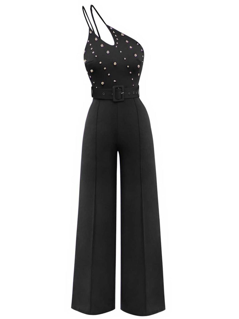 1970s One-Shoulder Studded Belted Jumpsuit - vintage jumpsuit, retro fashion