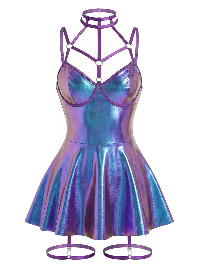 1970s Patent Leather Halter Laser Slip Nightdress - vintage dress, retro fashion