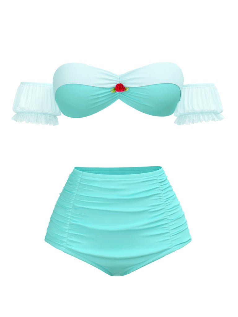 Yellow 1970s Belle Princess Style Rose Puff Bikini Set - vintage fashion, retro style