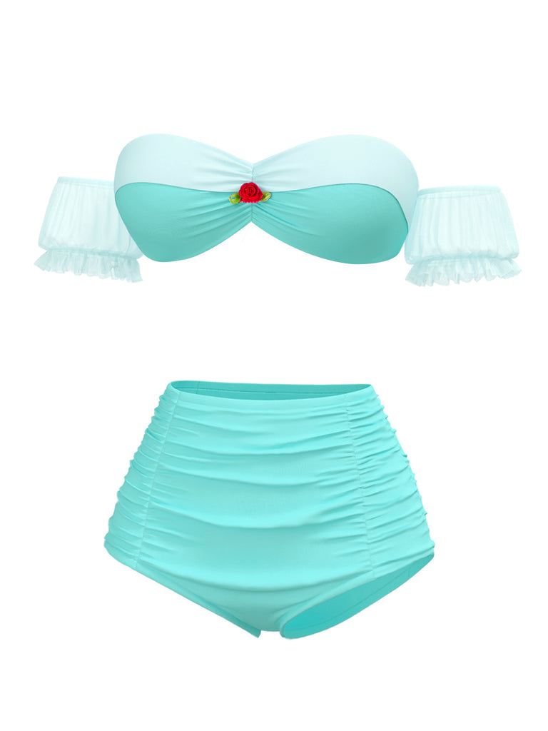 Yellow 1970s Belle Princess Style Rose Puff Bikini Set - vintage fashion, retro style