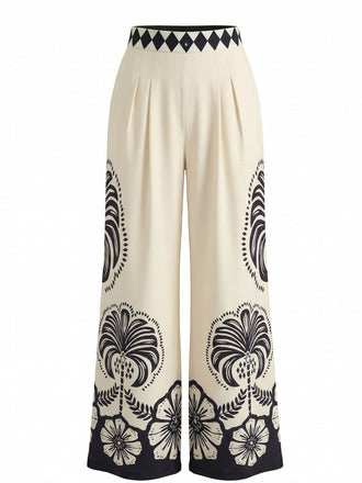 1970s Print High Waist Wide Leg Pants