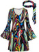1970s Psychedelic Print Bell Sleeve Mini Dress with Headband, vintage dress, retro fashion - vintage inspired fashion